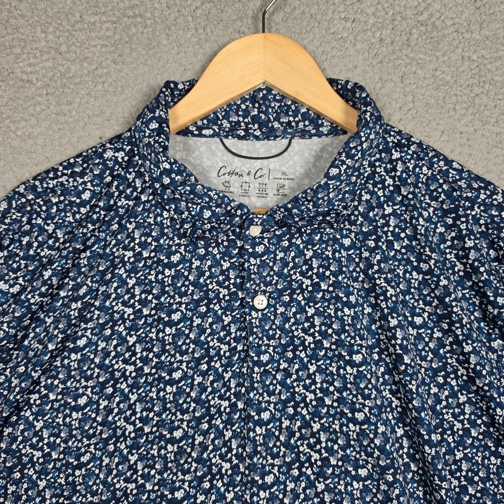 Cotton And Co Polo Shirt Mens Size XL Dark Floral Brethable 4 Way Stretch Slim
